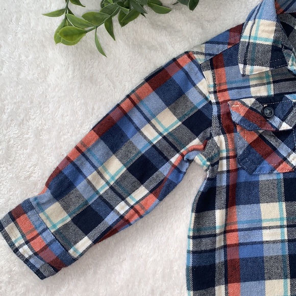 Tea Collection Blue & Orange Flannel Plaid Shirt 6-9M EUC - Picture 3 of 9